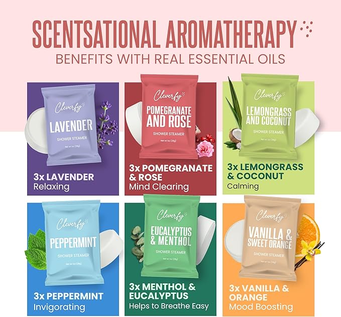 Cleverfy Shower Steamers Aromatherapy for Women and Men – Mothers Day Gifts for Mom – Self-Care Shower Bombs for Stress Relief and Relaxation – 18 Tablets