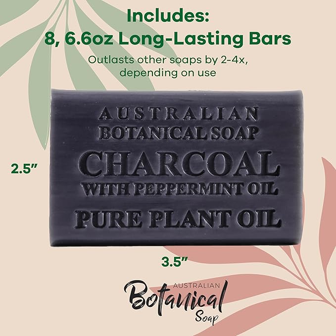 Australian Botanical African Black Soap with Activated Charcoal and Peppermint Oil 6.6 oz, Pack of 8 Activated Charcoal Soap with Raw Organic Shea Butter, for All Skin Types