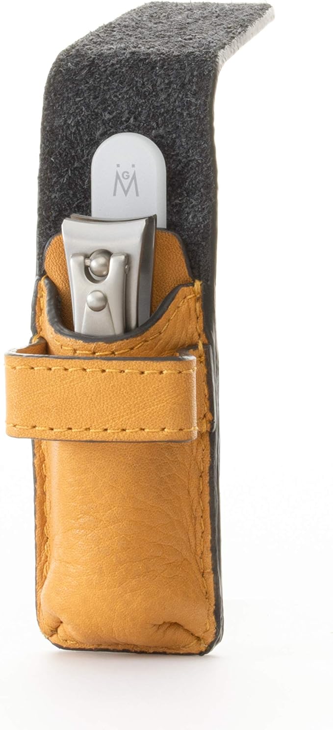 GERMANIKURE Nail Clipper and Glass Nail File Set in Yellow Leather Case - Made in Solingen Germany of FINOX Stainless Steel, Glass Nail Care Supplies Made in Czech Republic