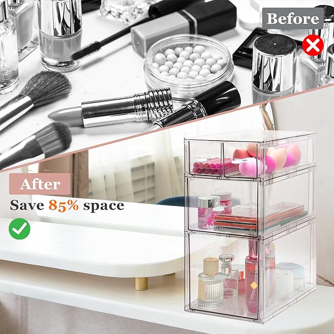 Homecor Stackable Storage Drawers Set of 7, Bathroom Makeup Organizer,Bathroom Organizers and Storage, Clear Cosmetic Storage Box For Vanity, Skincare, Undersink, Kitchen Organization (2L+M+4S)