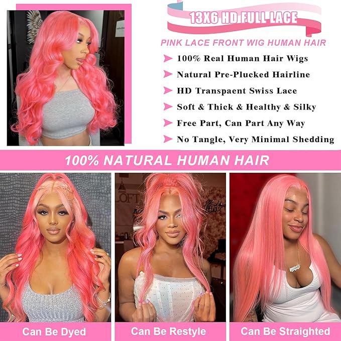34 Inch Pink Lace Front Wig Human Hair For Black Women Hot Pink 13x6 Hd Body Wave Lace Front Wig Human Hair Pre Plucked With Baby Hair 180% Density Wear And Go Glueless Hd Full Lace Frontal