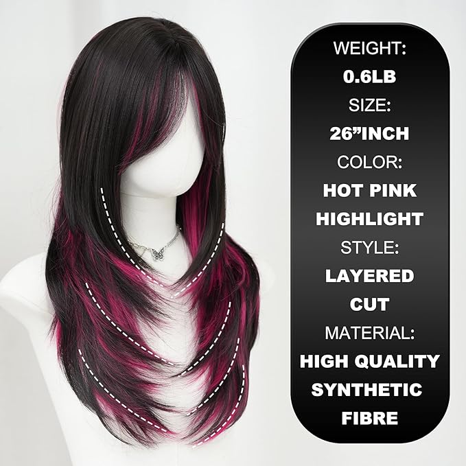 7JHH WIGS Natural Black Brown Rose Pink Hihglight Layered Wig with Curtain Bangs Long Straight Pixie Cut Natural Looking Heat Resistant Synthetic Hair Fiber Wigs for Women Daily Used
