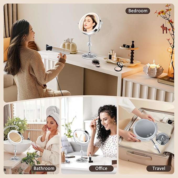 Lighted Makeup Mirror, Brightness Adjustable, 4000 mAh Rechargeable Double Sided Magnifying Mirror 1x/10x with 3 Colors, 360° Rotation Vanity Mirror, Memory Function, Women Gift