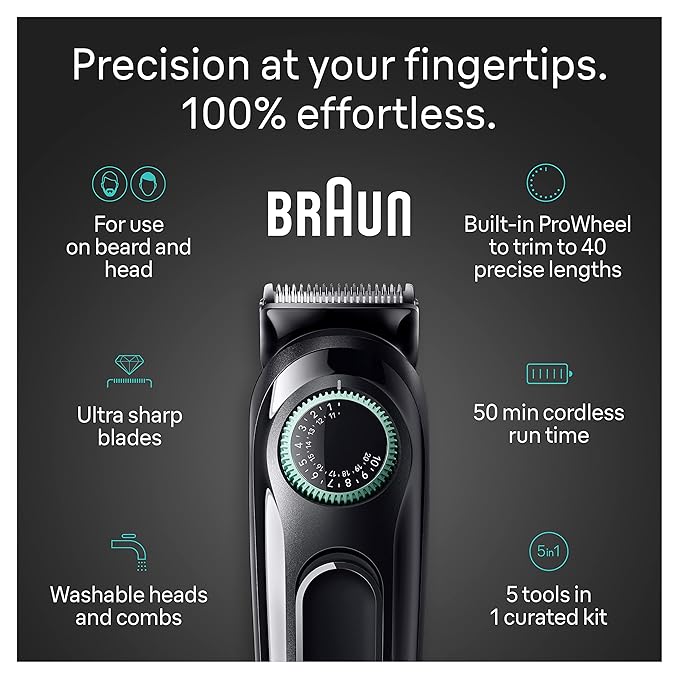 Braun All-In-One Style Kit Series 3 3450, 5-in-1 Trimmer for Men with Beard Trimmer, Ear & Nose Trimmer, Hair Clippers & More, Ultra-Sharp Blade, 40 Length Settings and Washable