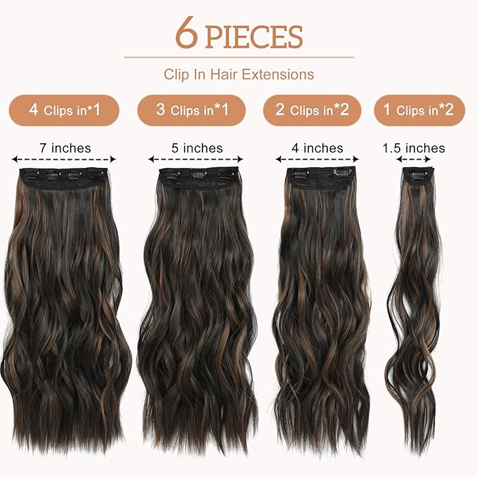 Clip In Synthetic Hair Extensions 6PCS 20 Inch Wavy Long highlights Brown Hair Extensions Thick Clip Ins Hairpieces Double Weft Full Head For Women Extension(230G,Auburn Chestnut)