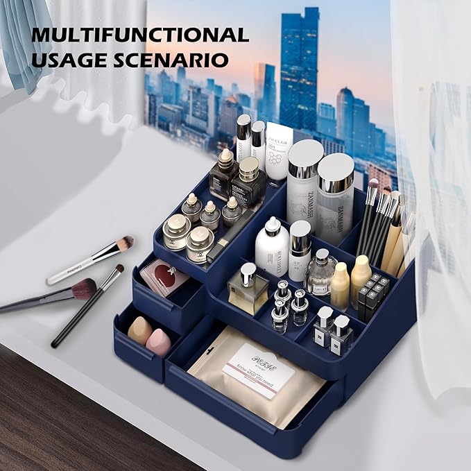 Makeup Organizer with Drawers, Countertop Organizer for Vanity, Bathroom and Bedroom Desk Cosmetics Display Case for Brushes, Lotions, Perfumes, Eyeshadow, Lipstick and Nail Polish