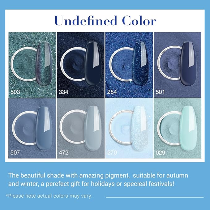 AZUREBEAUTY 30Pcs Dip Powder Nail Kit Starter with Nail Sticks, Glitter Baby Dark Blue 8 Colors Dipping Powder Liquid Set Added Matte Top Coat for Fall Winter Nail Art Manicure Salon DIY Home Gift