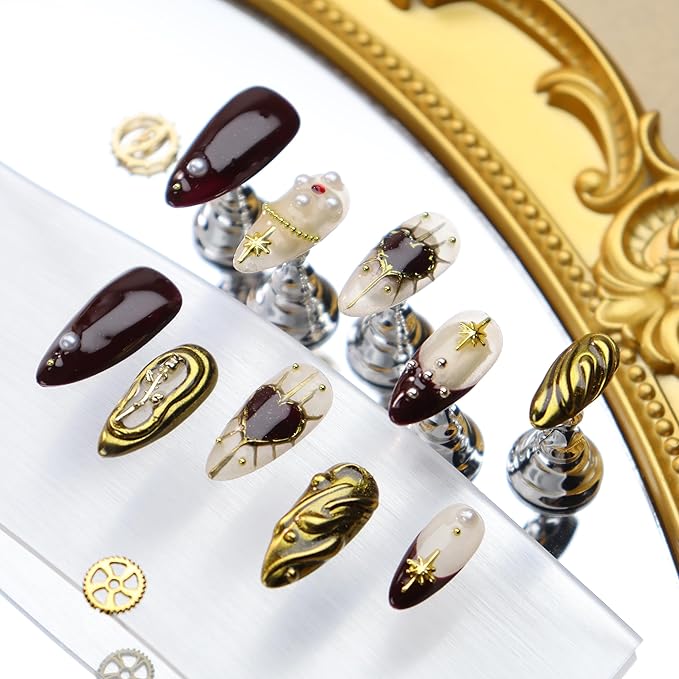 Almond Press on Nails Handmade Medium Long/Stiletto 3D Flower Fake Nail with Designs, Women Reusable False Nails (Golden Rose, S)