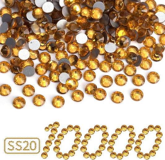 10000PCS Gold Yellow Rhinestones Bulk, Flat Back Crystal Glass Stone Round Gems,SS20, 4.6-4.8mm