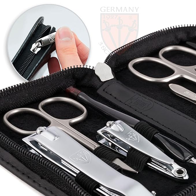 3 Swords Germany – brand quality 8 piece manicure pedicure grooming kit set for professional nail care with genuine leather case black - Made in Germany