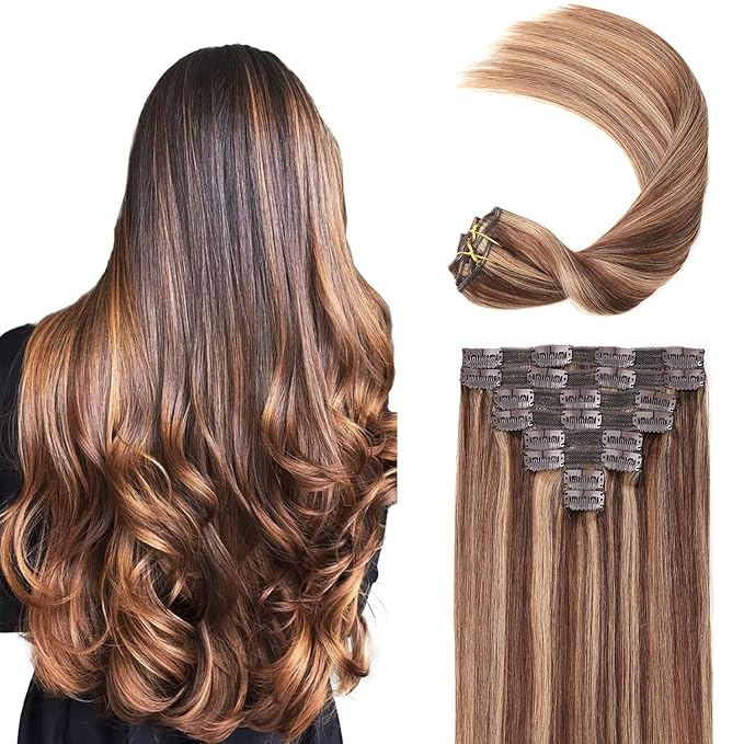 Clip in Human Hair Extensions,120g 8pcs Lace Clip in Real Human Hair Extensions Straight 4/27 Balayage Strawberry Blonde to Medium Brown 14inch
