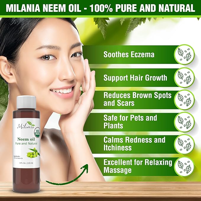 MILANIA Premium Organic Neem Oil Virgin, Cold Pressed, Unrefined 100% Pure Natural Grade A. Excellent Quality.(4 Fl. Oz.)