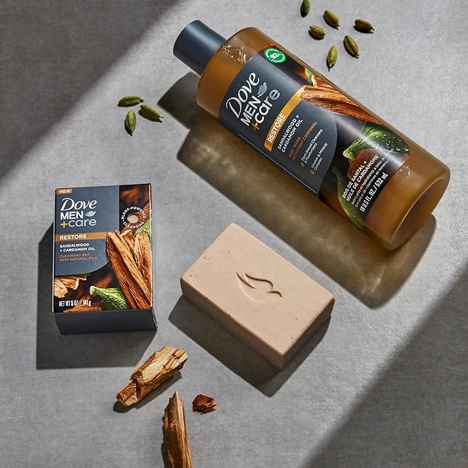 Dove Men+Care Body Wash Sandalwood + Cardamom Oil 4 Count to Rebuild Skin in the Shower with Plant-Based Cleansers and Moisturizers 18 oz