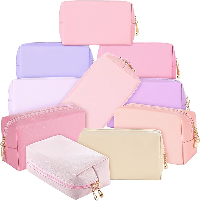 Sanwuta 9 Pcs Preppy Makeup Bag PU Leather Cosmetic Bag Makeup Pouch Plain Waterproof Toiletry Organizers for Traveling Preppy Travel Purse End of the Year Teacher Gifts Bulk(Pink Purple Series)