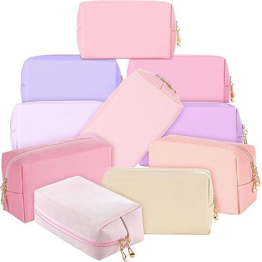 Sanwuta 9 Pcs Preppy Makeup Bag PU Leather Cosmetic Bag Makeup Pouch Plain Waterproof Toiletry Organizers for Traveling Preppy Travel Purse End of the Year Teacher Gifts Bulk(Pink Purple Series)