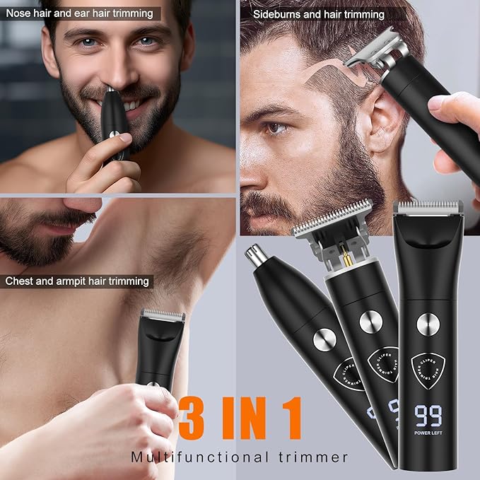 Hair Trimmer for Men | Beard, Body & Nose Groomer with LED Display, USB Rechargeable, Skin-Safe Blades & Adjustable Guards, Waterproof All-in-One Grooming Kit for Face & Below-The-Belt Care