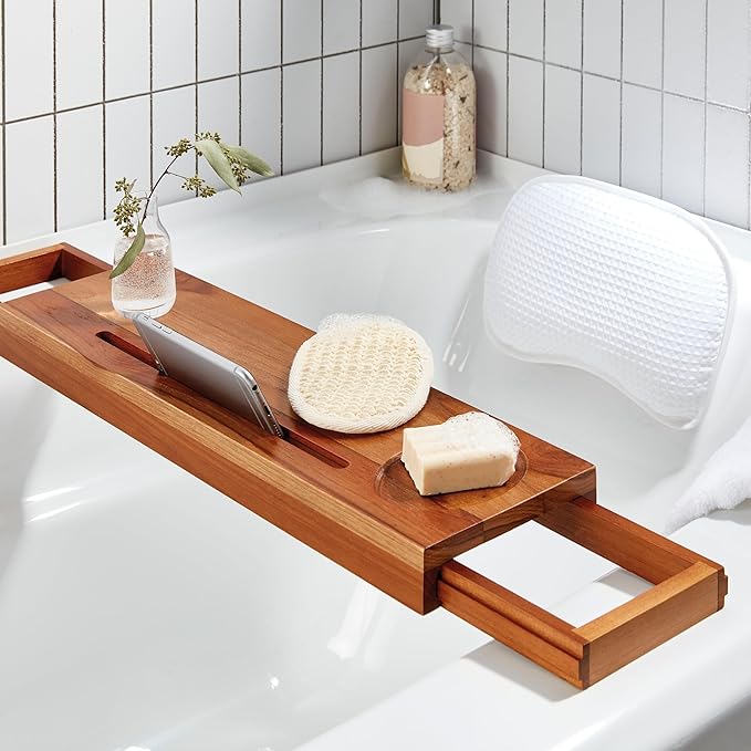 3 Piece Teak Spa Gift Set – Adjustable Bath Tray with Soap Holder – Includes Teak Bathtub Tray, Bath Pillow and Exfoliating Scrubber - Great Bathroom Organizer for Relaxation or Suitable for a Gift