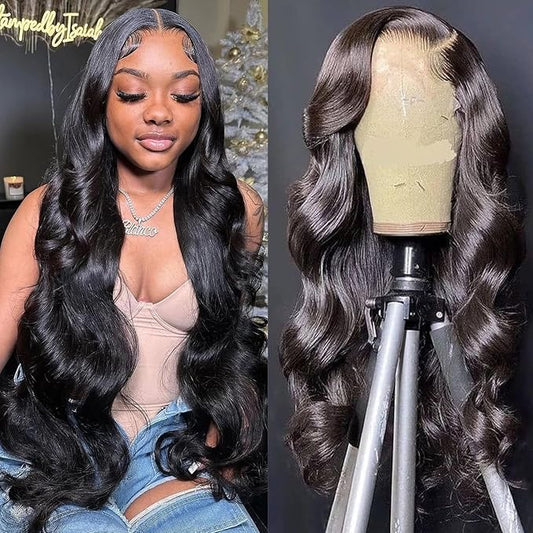 26 Inch Lace Front Wig Human Hair - 13x6 Body Wave Pre-Plucked, HD Transparent Lace, Glueless with Baby Hair, Natural Black