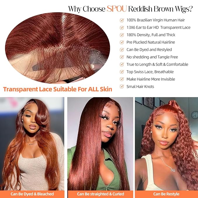 30 Inch Reddish Brown 180 Density Body Wave HD Lace Frontal Wigs Human Hair 13X6 Lace Front Wigs Human Hair 350# Body Wave Human Hair Wig Pre Plucked for Women Human Hair Wig