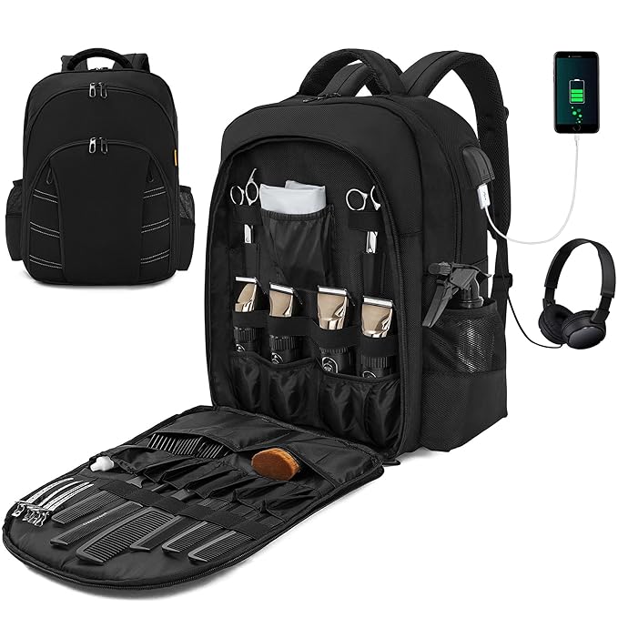 Barber Supplies Bag, Portable Backpack Bag for Clippers and Supplies, Travel Hairstylist Clipper Organizer Bag for Barber Tools with USB Port