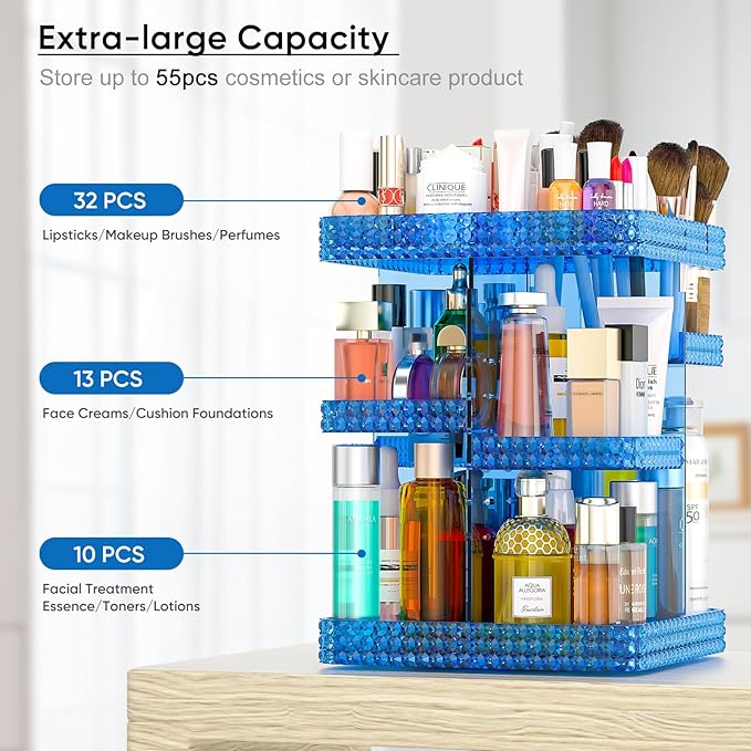 Makeup Organizer, 360 Degree Rotating Adjustable Cosmetic Storage Display Case with 6 Layers Large Capacity, Fits Cosmetics, Perfume, Skin Care, Makeup Brushes, Lipsticks (Blue)