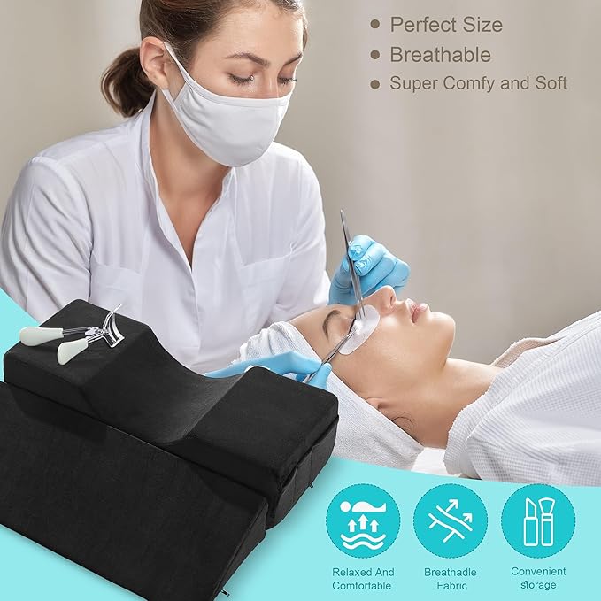 BALAPET Lash Pillows for Eyelash Extensions Ergonomic and Comfortable Velvet Foam Eyelash Pillow for Neck and Back Support Pillow Side Pockets can be Placed Tools,Easy to Graft Eyelashes(Black)