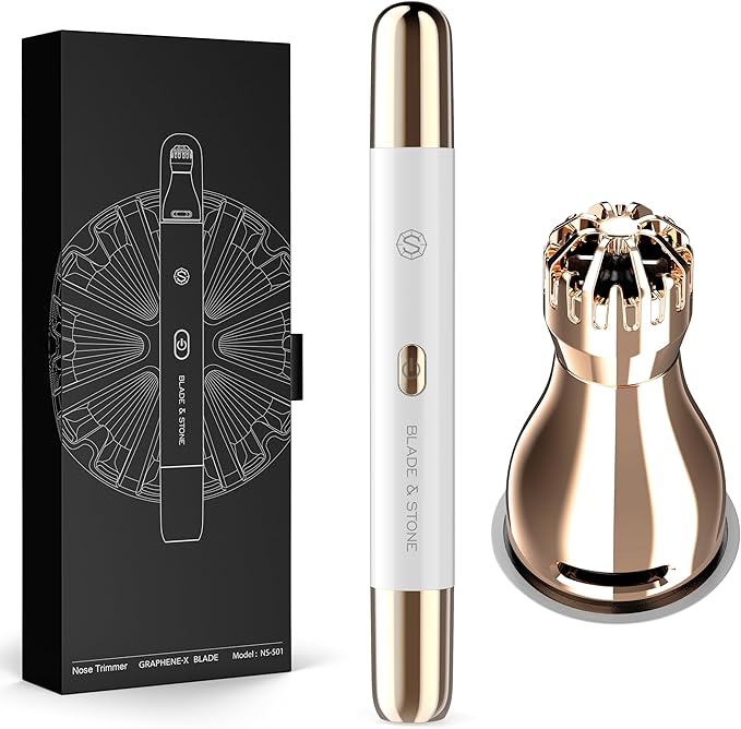 Blade & Stone™ NS501M Nose & Ear Trimmer | Graphene-X™ Blade | High-Velocity, Low-Noise Motor | Patented Rotary Blade Design | Skin-Friendly, Tug-Free Performance, Detachable Head (Snow/Gold)