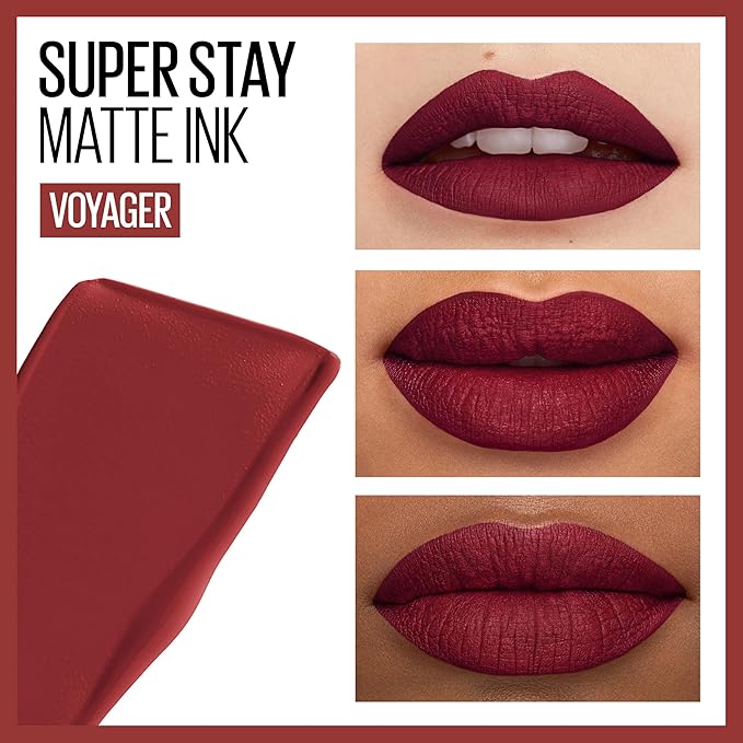 Maybelline Super Stay Matte Ink Liquid Lipstick Makeup, Long Lasting High Impact Color, Up to 16H Wear, Voyager, Deep Red, 1 Count, Packaging May Vary