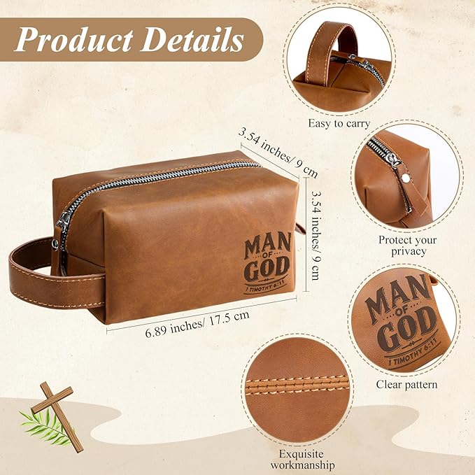 3 Pcs Father's Day Man of God Gifts for Men Christian 11.2oz Inspirational Coffee Mug Religious Bible Verse Leather Toiletry Bag Scripture Keychain for Dad Pastors Church Baptism Souvenir