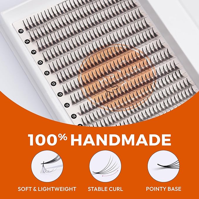 448 Narrow Promade Fans - 10D 0.07mm Thickness D Curl 9-15mm Mixed Lengths - Mega Volume Eyelash Extension Long Stem Narrow Premade Lash Fans Fluffy Pre Made Eyelash Extension Trays