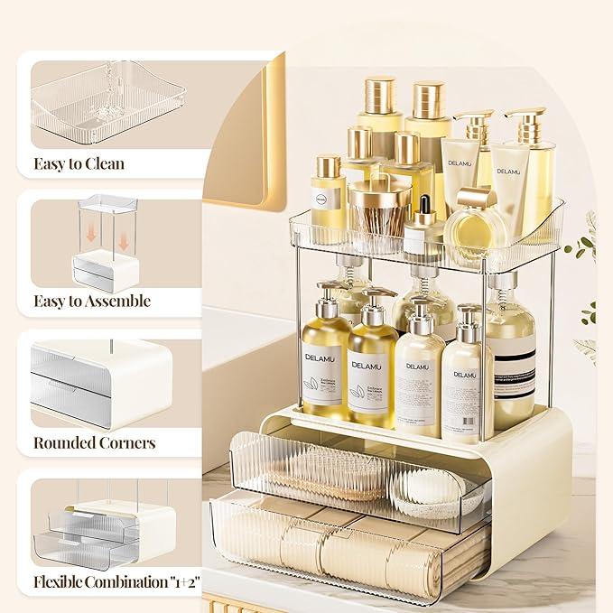 Delamu Bathroom Counter Organizer 2-Drawers 2-Tier Acrylic Makeup Organizer for Vanity Countertop, Skincare Perfume Storage, Easy Assembly, Ideal Gift for Women Cream White