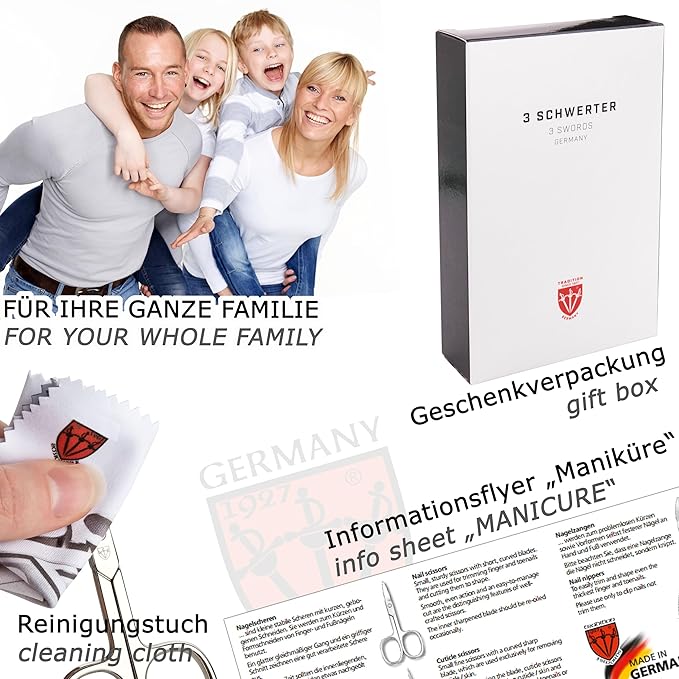 3 Swords Germany - brand quality 3 piece manicure pedicure grooming kit set for professional finger & toe nail care scissors tool genuine leather case in gift box, Made in Solingen Germany (77105)