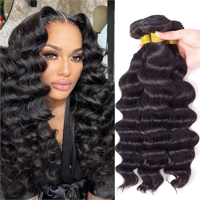 12A Grade Brazilian Virgin Loose Wave Hair 3 Bundles 10" 12" 14" 300g 100% Unprocessed Virgin Brazilian Remy Loose Deep Wave Human Hair Weave Bundles for Black Women Natural Color