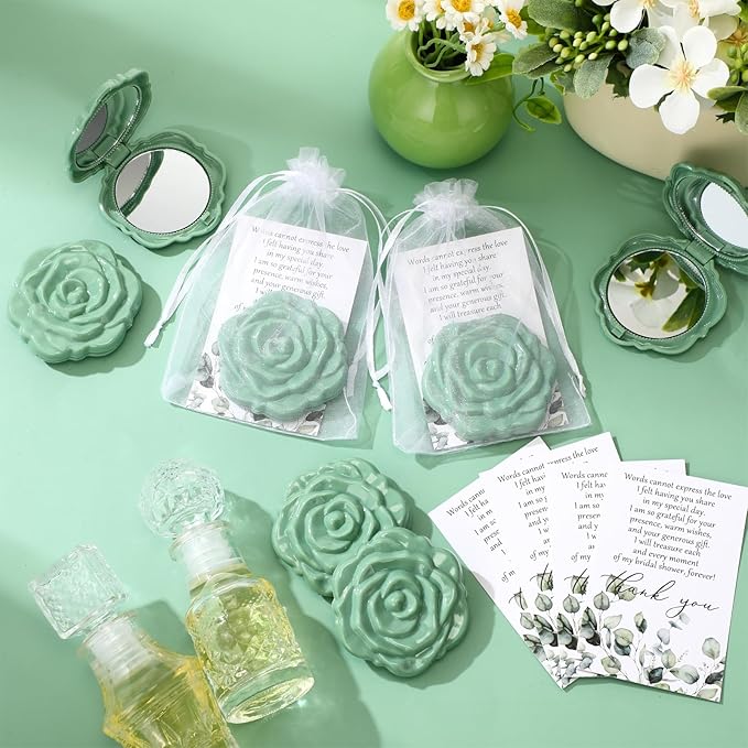 50 Sets Bridal Shower Party Favors for Guests Small Rose Compact Mirror Bulk Wedding Favors Thank You Cards and Organza Bags Wedding Party Guests Souvenir Gift (Green)