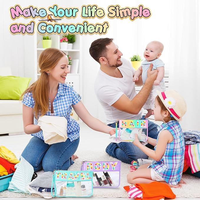 Abbylike 6 Pcs Chenille Letter Clear Zipper Pouch Summer Waterproof Cosmetic Pouch Travel Gym Beach Hawaii Bag Travel Patch Purse Makeup Letter Bag for Women Girls, 6 Colors(Light Colors,Classic)