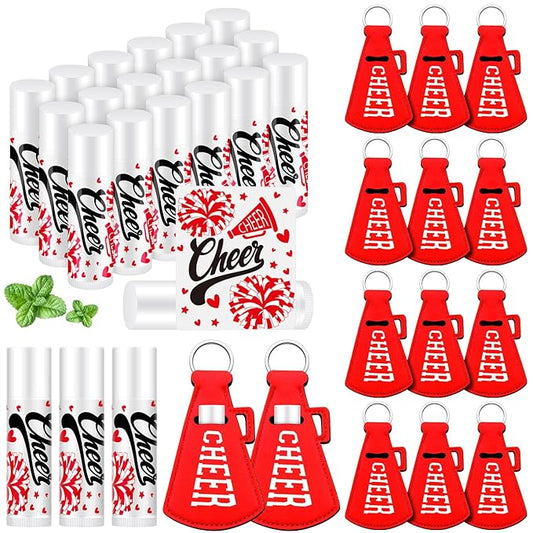 18 Sets Blue Red Cheer Favors Natural Bulk Lip Balm and Moisturizing Lipstick Holder Keychains Set Cheerleader Cheerleading Gift for Team Teen Sports Party Supplies(Red)
