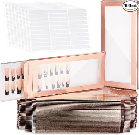 Yeaqee 100 Pieces Empty Nail Package Box with 100 Pcs White Background Papers Empty Nail Tip Box Packaging with 240 Pcs Adhesive Double Sided Tape Set for Press on Business Salon(X-Large)