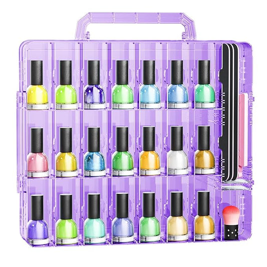 JIASHENG Nail Polish Organizer Case Holders, 48 Bottles Universal Nail Storage Box for Double Side Adjustable Space Divider for Acrylic Nail Gel Dip Powder Tips Set with Toe Separator, Purple