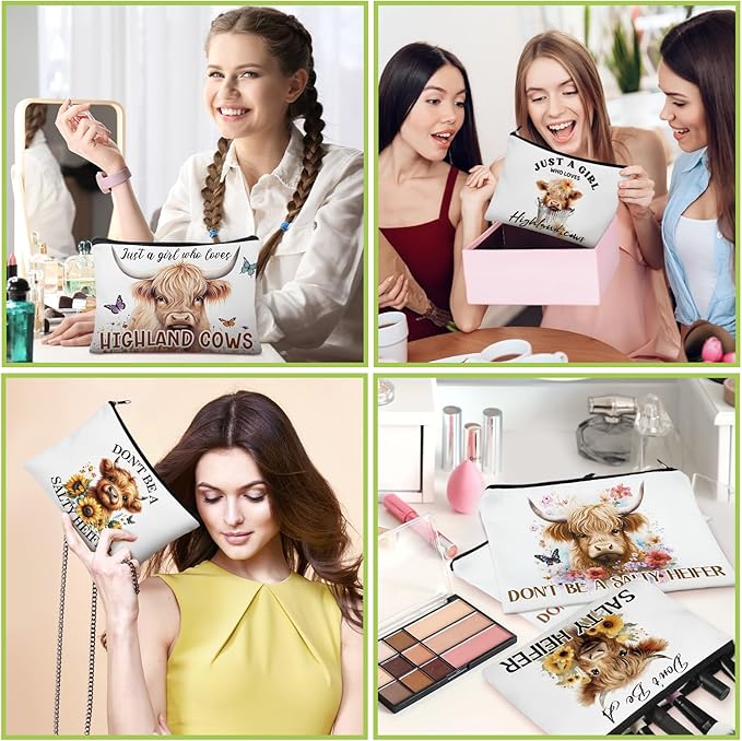 Pinkunn 16 Pcs Canvas Cosmetic Bag Bulk Inspirational Quotes Makeup Bags with Zipper Encouragement Travel Toiletry Pouch Appreciation Gift for Christmas Teacher Birthday Graduation(Highland Cow)