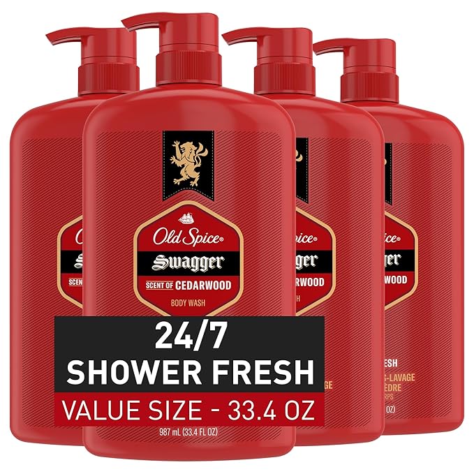 Old Spice Refreshing Body Wash for Men, 3X Defense, 24/7 Shower Fresh with Long Lasting Scent, Red Collection, Swagger with Cedarwood Scent, 33.4 oz (Pack of 4)