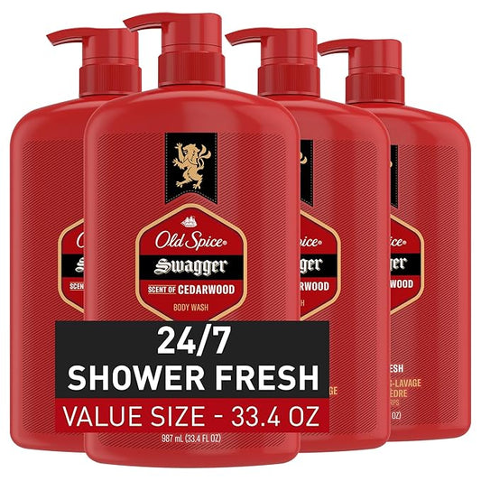 Old Spice Refreshing Body Wash for Men, 3X Defense, 24/7 Shower Fresh with Long Lasting Scent, Red Collection, Swagger with Cedarwood Scent, 33.4 oz (Pack of 4)