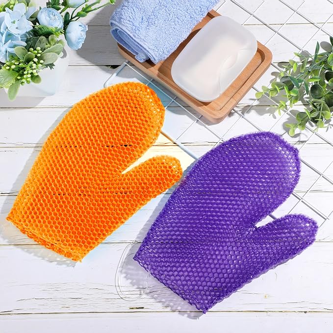 Karenhi 2 Pcs Honeycomb Exfoliating Glove Bath Mitt Body Spa Scrubber, Honeycomb Exfoliator Glove for Body Shower, Scrubber Sponge Shower Loofah, Quick Drying(Purple,Orange)