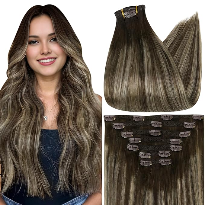 Full Shine 22 Inch Clip in Hair Extensions Human Hair Balayage Brown Human Hair Extensions Clip ins Dark Brown to Blonde Hair Clip in Extensions Natural Straight Hair 7 Pcs 120 G