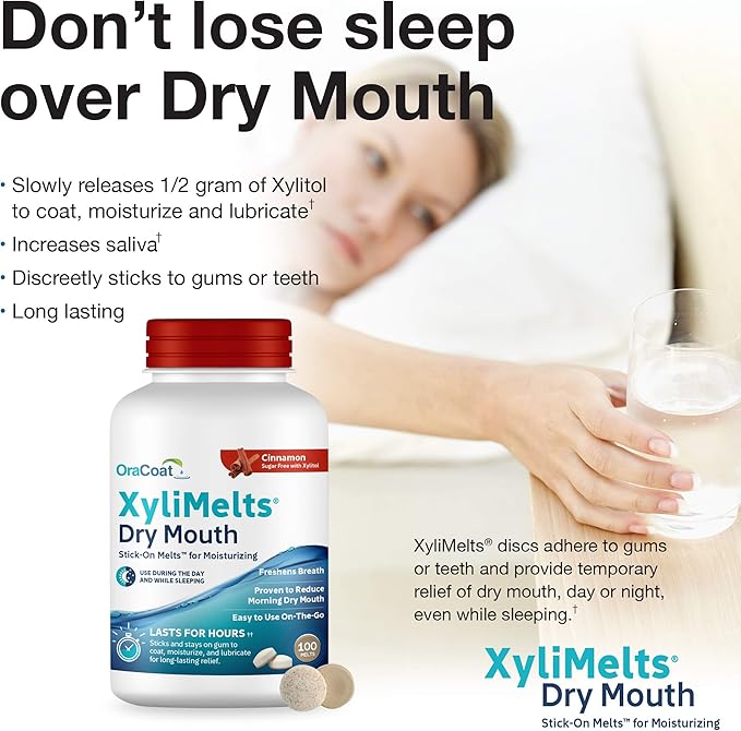 Oracoat XyliMelts for Dry Mouth Night Time or Day - Moisturizing Dry Mouth Adhering Discs, Sugar Free with Xylitol, 100 Count, Cinnamon, 8-Hour Relief