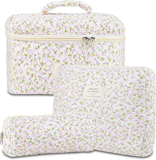 Makeup Bag, 3 PCS Quilted Makeup Bag, Cute Floral Cotton Cosmetic Bag set, Coquette Makeup Pouch Large Travel Toiletry Bag