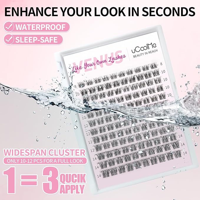 Short Venus Lash Clusters 8-14mm Wispy Natural Eyelash Clusters Individual Lashes D Curl Cluster Lashes 0.05mm WideSpan Ultra-Thin Clear Band(Short Venus Only Lashes)