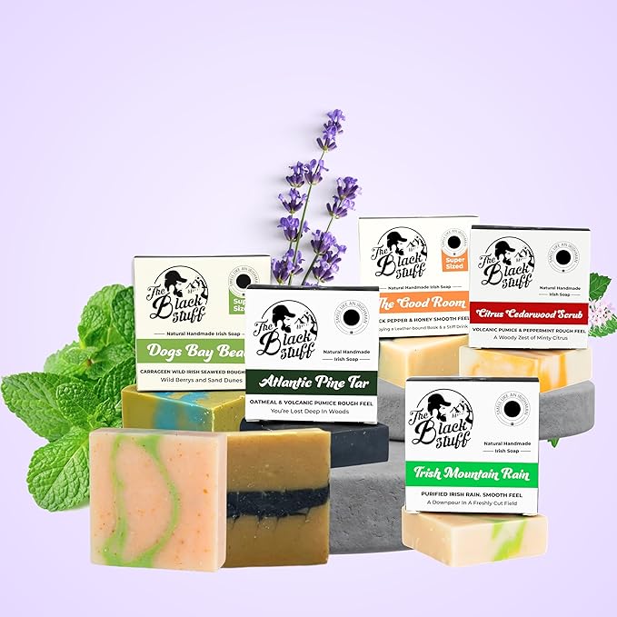 All Natural Bar Soap for Men Handmade Cold Process with Organic Ingredients and Essential Oils Mens Soap - Pine Tar, Citrus Cedarwood, Irish Mountain Rain, Good Room, Dogs Bay Beach Pack of 5