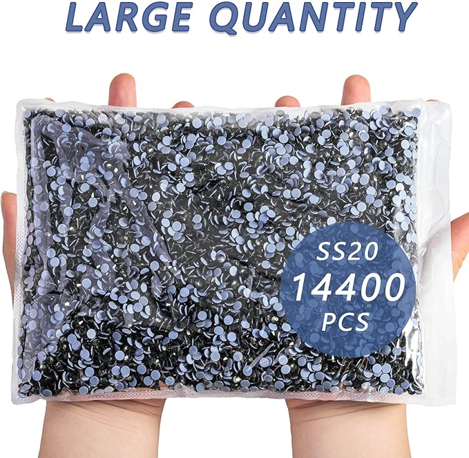 Beadsland Hotfix Rhinestones Bulk, 14400pcs Gray Hot Fix Rhinestones for Crafts Clothes DIY Decoration, Black Diamond, SS20, 4.6-4.8mm