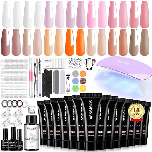 Poly Gel Nail Kit: PolyGel with Slip Solution Mini U V Nail Light Poly Nail Gel Kit for Beginners with Everything Extension 14 PCS