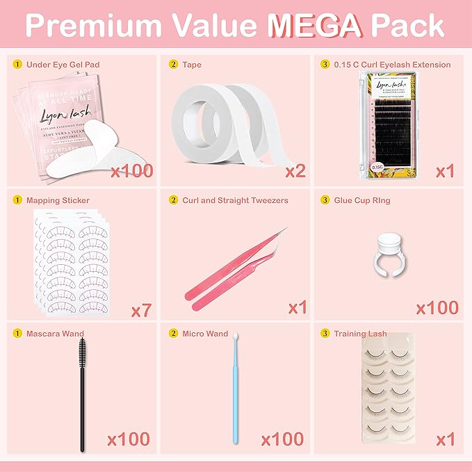 Lyon Lash Eyelash Extension Supplies 4x100 Packs - 100 Pairs Under Eye Gel Pads | 100 Disposable Mascara Brushes Wands | 100 Micro Applicators Brush | 100 Glue Ring Holder | 2 Medical Tapes